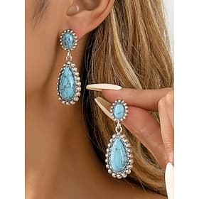 Women's Boho Teardrop Turquoise Earrings, Vintage Alloy Drop Earrings, Western Southwestern Statement Jewelry, Summer Fashion Gift for Her