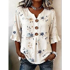Femmes Chemise Boutons Imprimé Fleuri Graphique ancien Élégant Manche 3/4 Col en V Hauts Réguliers Occasionnel Quotidien Fête Bleu Blanche Été Printemps