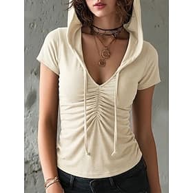 Mulheres Camiseta T-shirt Franzido Côr Sólida Elegante à moda Sensual Manga Curta Decote V Tops curtos Casual Amarelo Claro Café marrom Preto Azul Royal Verão
