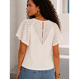Women's Eyelet Top Elegant Bohemia Vintage Short Sleeve V Neck Regular Tops Casual Daily Going out Beige Summer Spring