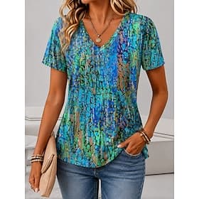 Femmes T-shirt Imprimé Fleuri Graphique Abstrait Élégant Classique Occasionnel Manche Courte Col en V Hauts Réguliers Occasionnel Quotidien Bleu Blanche Jaune
