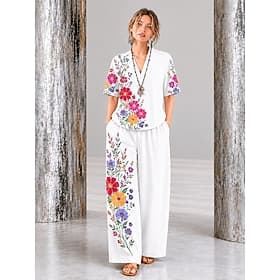 Femmes Chemise Ensembles en coton et lin Ensembles de Pantalons Manche Courte Col en V Fleuri Graphique Géométrique Imprimé Vacances Mode Streetwear Occasionne thumbnail 5