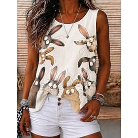 Pâques Femmes 100% Coton T-shirt Chemise en coton Hauts effet délavé vintage Uni ancien Mode Élégant Sans manches Manche Courte Col ras du cou Col rond Hauts R
