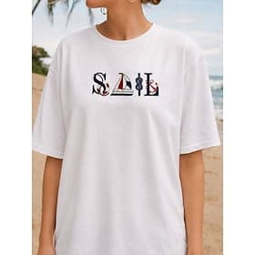 T-shirt brodé ancre pour femme, haut d'été élégant, bohème vintage, manches courtes, col rond, coupe classique, décontracté, idéal pour la plage, blanc, été, p