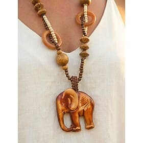 Women's Bohemian Wooden Pendant Necklace Long Beaded Statement Necklace Elephant Fish Floral Pendant Handmade Wood Jewelry for Vacation Beach Festival Travel C