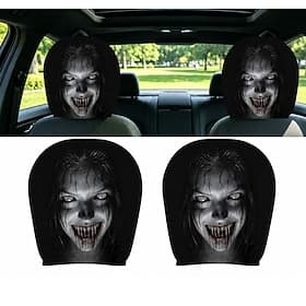 2/4PCS Ghost Face Car Headrest Cover, Halloween Horror Car Seat Headrest Protector, Stretchable Universal Auto Interior Decoration for SUV Truck Van, Spooky Sc