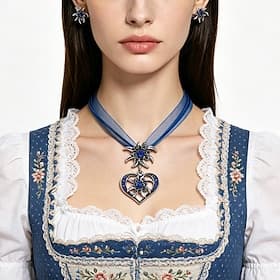 Oktoberfest Set de Bijoux Ensemble collier et boucles d'oreilles Cœur Edelweiss Bavarois Allemand Munich Prairies Femmes Carnaval Fête de la Bière Tissu de sty