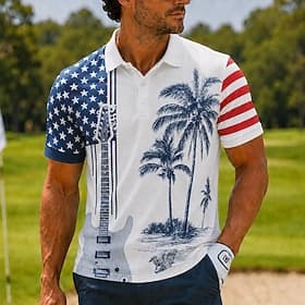 4th of July 2026 250th Men's American US Flag Palm Tree Hawaiian Polo Shirts Short Sleeve Polo Shirts Collared Shirts Casual Athleisure 3D Print Buttons Breath thumbnail 2