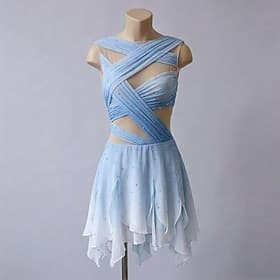 Robe de patinage artistique Femmes Patinage Robe Bleu Ciel Patchwork Dos Nu Haute Élasticité Entraînement Compétition Tenue de Patinage Classique cristal paill