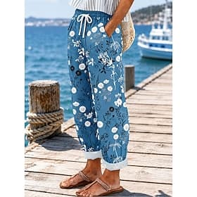Femmes Chinos Vacances ancien Occasionnel Longueur complète Taille moyenne Fleuri Graphique Cordon de serrage Patchwork Avec Poches Confort Doux Extérieur Non