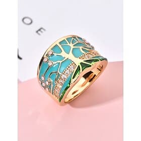 Women's Wide Tree of Life Enamel Ring, Turquoise Gold Crystal Statement Ring, Summer Resort and Boho Fashion Jewelry, Multiple Sizes Available