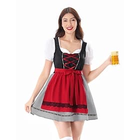 Oktoberfest Robe Dirndl Costume de carnaval Mini longueur Carreaux Femme de ménage Bavarois Allemand Alpin Prairies Femmes Carnaval Fête de la Bière Tissu de s
