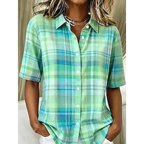 Femmes Chemise Graphique Géométrique Plaid ancien Tropical Élégant Manche Courte Col de chemise Hauts Réguliers Occasionnel Quotidien Bleu Vert Claire Violet É
