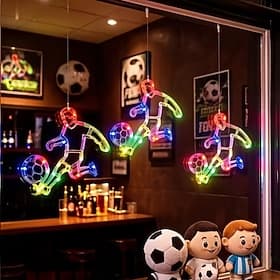 Lot de 3 guirlandes lumineuses de footballeur, décorations suspendues LED RGB avec ventouses, enseigne néon à piles pour chambre d'enfant, décorations de fenêt