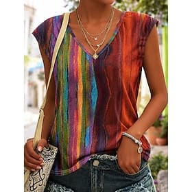 Women's Tank Print Graphic Geometric Vintage Stylish Casual Sleeveless V Neck Regular Tops Casual Daily Vacation Wear Blue Red Summer Spring