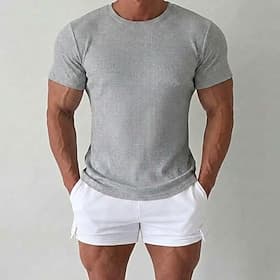 Men's Short Sleeve Shirt Ribbed Knit tee Tee Top Short Sleeve Crew Neck Spring  Summer Summer Solid Color Stripes Pit Strip Sports Daily Buttons Casual Outdoor
