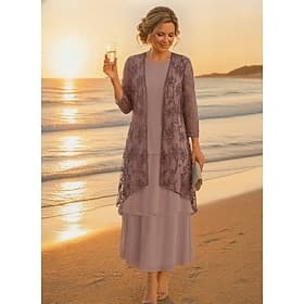 Deux Pièces Ligne A Longueur cheville Robe de Mère de Mariée  Manche 3/4 Demi Manches Col Rond Élégant Simple Luxueux Formel robe demoiselle d honneur Chiffon