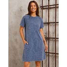 Women's 100% Cotton T Shirt Dress Washed Dress Regular Fit Plain Short Sleeve Crew Neck Knee Length Dress