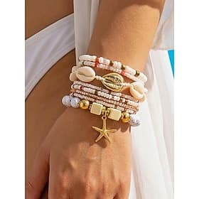 Women's Boho Layered Beaded Bracelet Set 8PCS Starfish Charm Shell Bracelets Gold Alloy Multi Strand Stackable Beach Vacation Jewelry for Summer Resort Travel