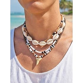 Men's Shell  Wooden Bead Necklace Set 4PCS, Layered Beach Jewelry with Shark Tooth Pendant, Boho Coastal Surf Style Necklace for Vacation, Travel, Festival and