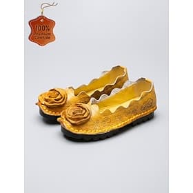 Women's Yellow Premium Cowhide Leather Flats - Vintage Handcrafted Comfort Shoes with 3D Rose Floral Embossed Design, Slip-On Walking Shoes for Casual Wear, Tr