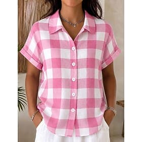 Femmes Chemise Boutons Imprimé Graphique Plaid ancien Quotidien Élégant Manche Courte Col de chemise Hauts Réguliers Occasionnel Quotidien Kaki Rose Claire Gri
