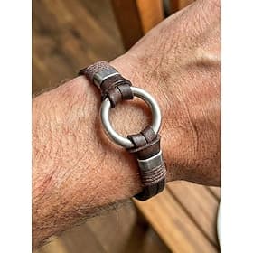 Men's Black Brown Genuine Leather Bracelet, Vintage Minimalist Alloy Ring Cuff Bracelet for Men, Casual Retro Wristband Jewelry for Daily Wear, Travel and Gift