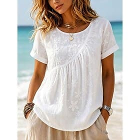 Femmes T-shirt Broderie Fleuri Graphique Plantes Mode Manche Courte Col ras du cou Hauts Longs Occasionnel Plage Blanche Été Printemps