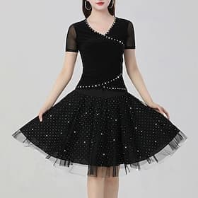 Jupe de danse noire scintillante à strass pour femme - jupe en tulle multicouche pour danse de salon, latine et entraînement - jupe évasée de scène étoilée
