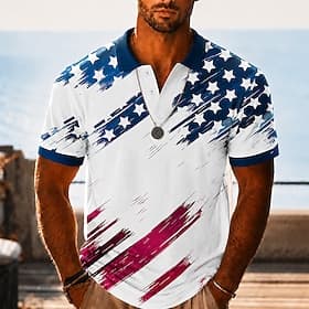 4th of July 2026 250th Men's American US Flag Hawaiian Polo Shirts Short Sleeve Polo Shirts Collared Shirts Casual Athleisure Daily Wear 3D Print Buttons Breat