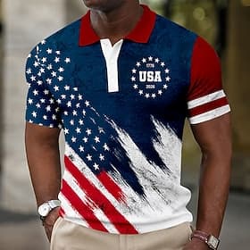 4th of July 2026 250th Men's American US Flag Waffle Polo Shirts Short Sleeve Polo Shirts Collared Shirts Casual Athleisure Daily Wear 3D Print Buttons Breatha