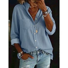 Women's Shirt Blouse Pocket Buttons Solid Color Elegant Fashion Daily Long Sleeve Shirt Collar Regular Tops Casual Blue Spring
