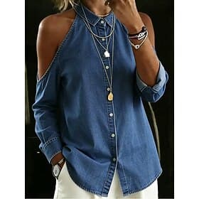 Femmes Chemise Décontractée Top à épaules dénudées Boutons Denim ancien manche longue Col de chemise Quotidien Bleu Printemps, Automne, Hiver, Été