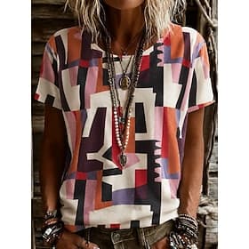 Women's T Shirt Print Graphic Geometric Striped Vintage Stylish Classic Short Sleeve Crew Neck Round Neck Regular Tops Casual Daily White Yellow Orange Summer