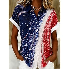 American Independence Day Women's Shirt Short Sleeve Graphic Flag Vintage Stylish Casual Sleeveless Shirt Collar Regular Tops Daily Blue White Light Blue Summe