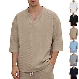 Men's T Shirt Tee Top 3/4 Length Sleeve V Neck Summer Spring Solid Color Streetwear Stylish Leisure Jacquard Daily Outdoor Vacation White Khaki Light Grey Top