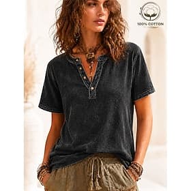 Femmes 100% Coton Chemise Henley Graphique Drapeau Uni ancien Mode Élégant Manche Courte Henley Hauts Réguliers Occasionnel Plage Bleu Kaki Noir Violet Orange