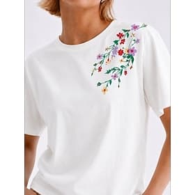 T-shirt brodé à fleurs pour femme, idéal pour l'été, printemps, automne et hiver. Style tropical élégant et vintage, manches courtes, col rond, coupe classique