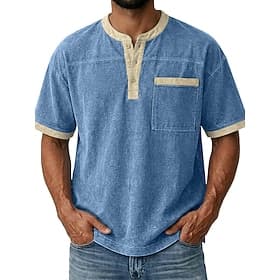 Homme T-shirt Chemise jean Chemise 100% coton délavée à l'acide Haut Henley Manche Courte Uni Couleur Pleine ancien Streetwear Occasionnel Lavé Manche raglan H