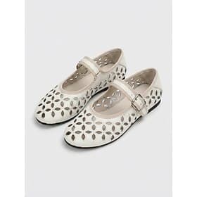 Women's Perforated Cutout Mary Jane Flats - Cream White Hollow Out Leather Ballerina Shoes for Summer Beach Vacation, Travel  Resort