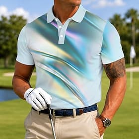 Men's Geometic Sports Polo Shirts Short Sleeve Polo Shirts Lapel Casual Athleisure 3D Print Buttons Breathable Mesh Spring  Summer Blue Purple