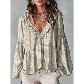 Femmes Chemise Tunique A Volants A Ombre Fleuri Graphique Élégant Bohème Vacances manche longue Col en V Hauts Longs Occasionnel Quotidien Bleu Blanche Jaune R