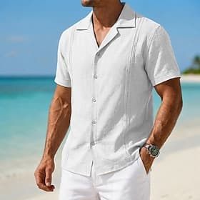 Men Shirt Linen Shirt Summer Shirt Beach Wear Plain Casual Daily White Black Navy Blue Gray Short Sleeve Cuban Collar Summer Clothing Apparel Plain