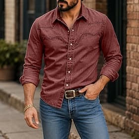 Chemise homme Softfade™ décontractée, chemise en jean, chemise délavée à l'acide, chemise unie à manches longues teinte en pièce, col, vêtements patchwork déco thumbnail 2