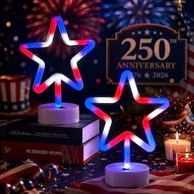 U.S. 250th Anniversary Star Night Lights, 2 Pcs Red White Blue Patriotic LED Star Table Lamps, USB  AAA Battery Operated, 4th of July Independence Day Party De