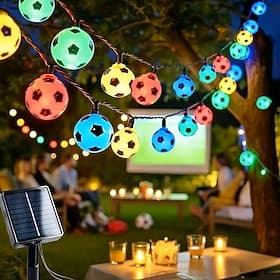 Guirlande lumineuse solaire sur le thème du football, 5 m (20 LED) ou 6,5 m (30 LED), décoration pour fêtes et événements sportifs en extérieur, ambiance lumin
