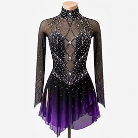 Robe de patinage artistique Femmes Patinage Robe Violet Patchwork Trou de pouce Élastique Entraînement Compétition Tenue de Patinage Classique cristal pailleté