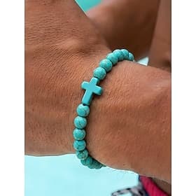 Men's Natural Stone Cross Beaded Bracelet Stretch Elastic Faith Bracelet Christian Prayer Jewelry for Men Turquoise Blue Green Navy Stone Beads Gift for Daily