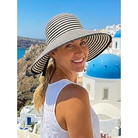 Women's Striped Foldable Sun Hat, Wide Brim Polyester Beach Hat for Women, Packable Summer Travel Vacation Cap, Elegant UV Protection Hat