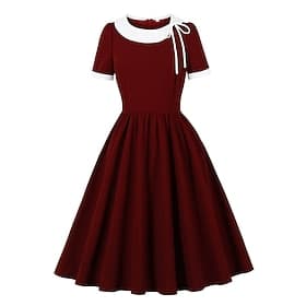 Années 1950 Rétro Vintage Rockabilly Midi Longueur thé Robe Manches courtes Couleur Unie Ajusté  Évasé Col rond Déguisement Femmes Festival de Musique Réveil F